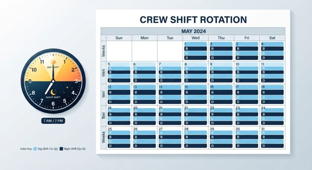 Calendar showing a 12-hour rotating shift schedule for four crews
