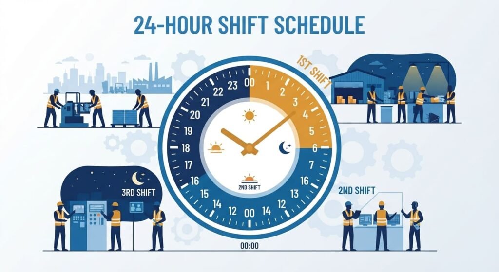 24-hour clock divided into 1st, 2nd and 3rd shift hours