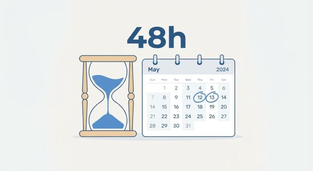 Hourglass and calendar showing that 48 hours equals 2 days