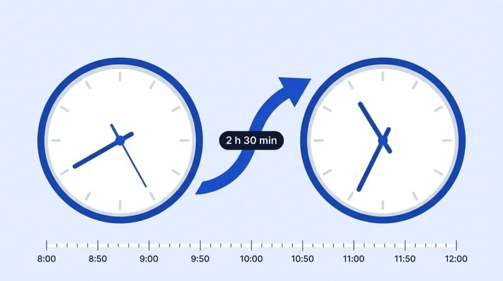 Two clocks showing 8:50 and 11:20 joined by an arrow labelled 2 hours 30 minutes, illustrating how to calculate elapsed time