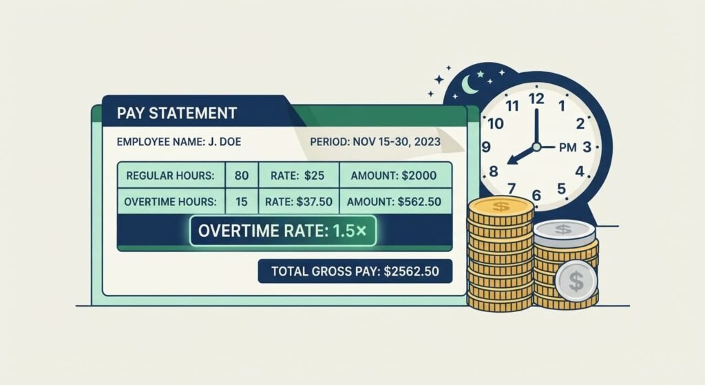 Paycheck showing overtime paid at time and a half