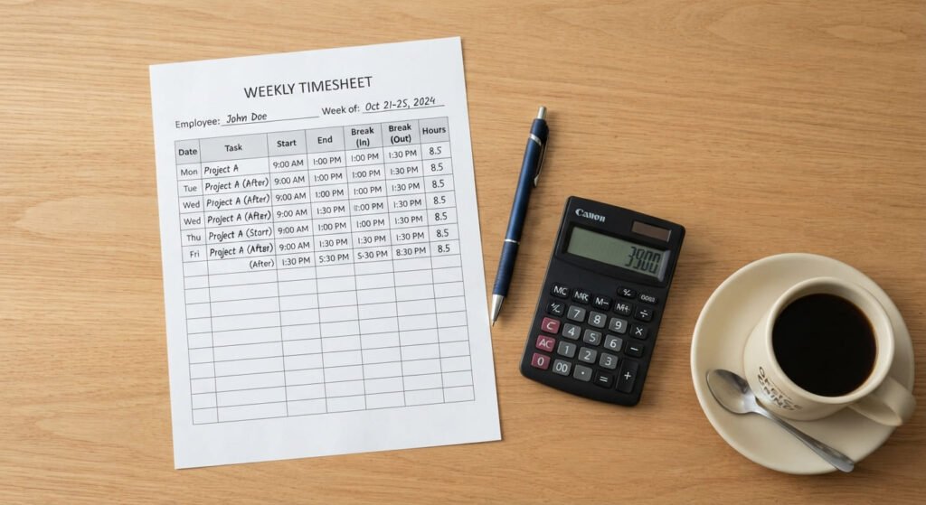 Timesheet with start, end and break times used to calculate work hours