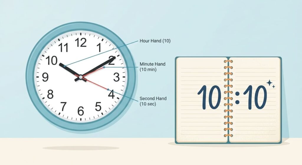 Analog clock showing 10:10 with the hour, minute and second hands labelled
