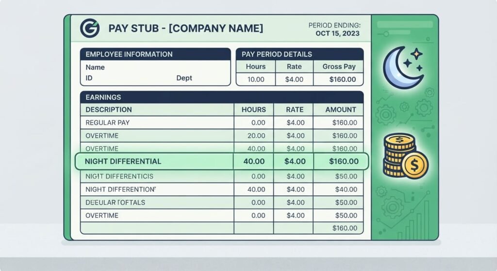 Pay stub highlighting extra pay for a night shift differential