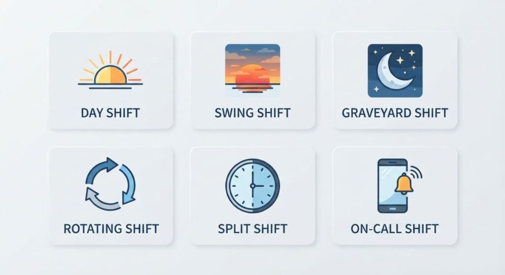 Icons for day, swing, graveyard, rotating, split and on-call shifts